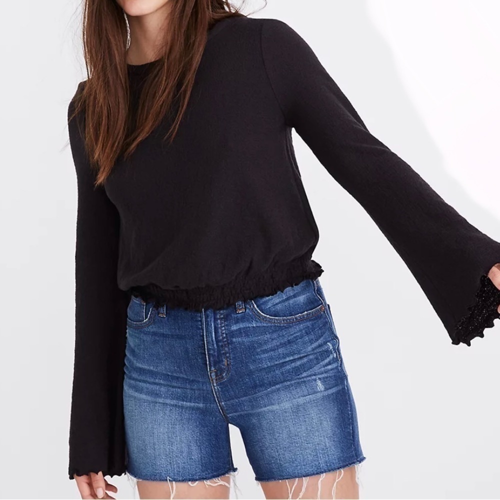 Madewell Texture & Thread Smocked Bell-Sleeve 100% Cotton Top Black Size XS
